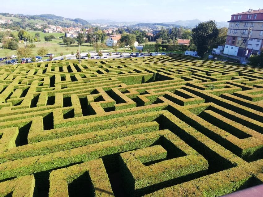 Vista de un laberinto de setos, una metáfora visual de cómo el ruido mental nos hace sentir atrapados y perdidos.