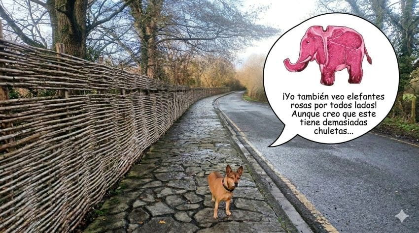 Mi perra Lua en un camino de piedra con un bocadillo de texto humorístico sobre el error de intentar dejar la mente en blanco y ver elefantes rosas.