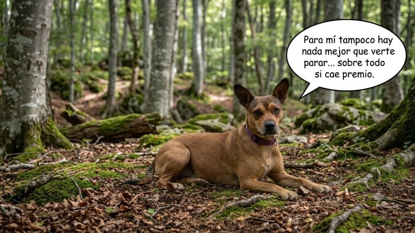 Mi perra Lua tumbada en el suelo de un bosque de hayedo en otoño, con un bocadillo de texto humorístico que dice: Para mí tampoco hay nada mejor que verte parar... sobre todo si cae premio.