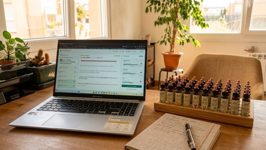Ordenador con software de consulta y set de Flores de Bach para estructurar las sesiones con claridad.