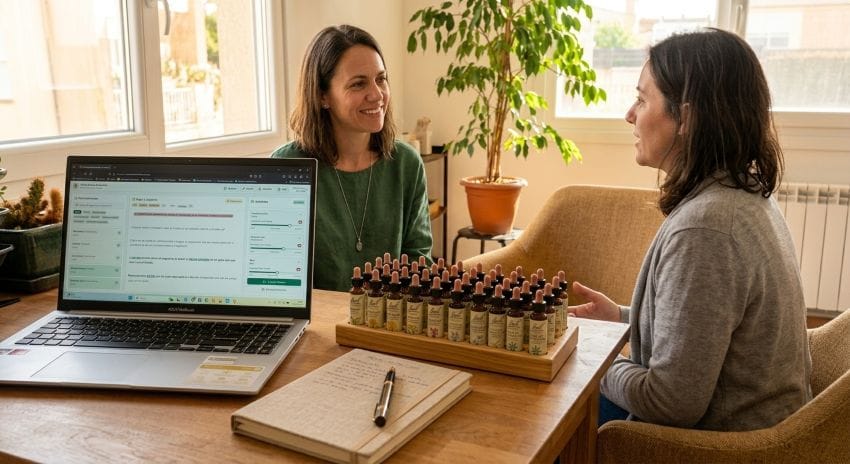 Terapeuta escuchando a un cliente con tranquilidad y empatía en una consulta de Flores de Bach.