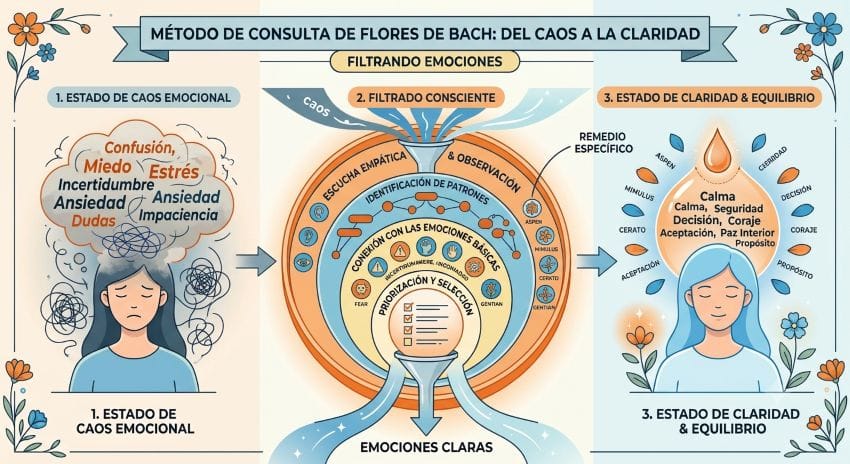 Infografía del método para pasar del caos a la claridad filtrando emociones a la hora de pasar consulta de Flores de Bach.