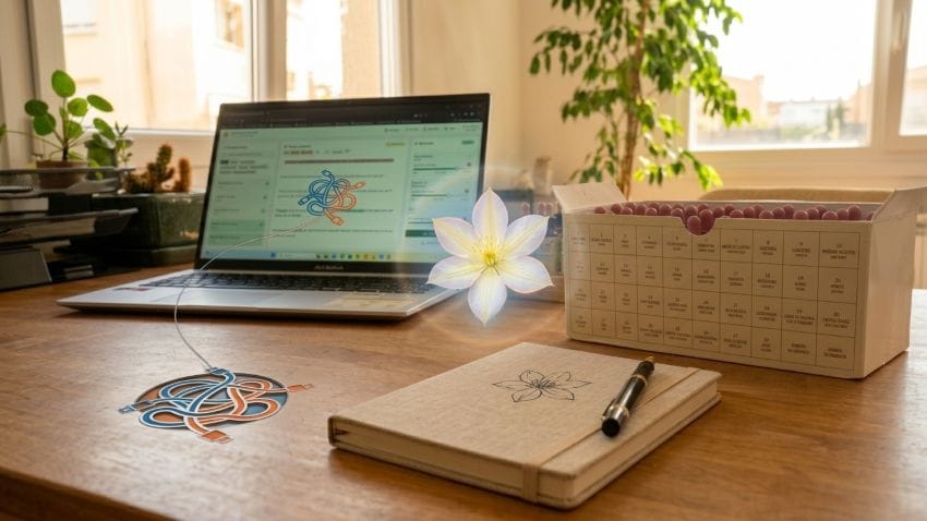 Cuaderno de notas de terapia floral junto al set de Flores de Bach y una flor dibujada representando la búsqueda del patrón emocional.
