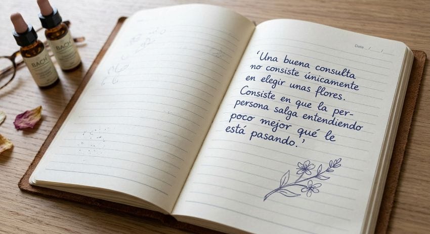 Cuaderno de notas sobre mesa de consulta de Flores de Bach con la frase: Una buena consulta no consiste únicamente en elegir unas flores. Consiste en que la persona salga entendiendo un poco mejor qué le está pasando.
