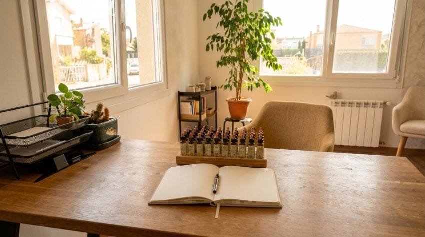 Libreta de seguimiento y organizador de Flores de Bach sobre una mesa de consulta terapéutica