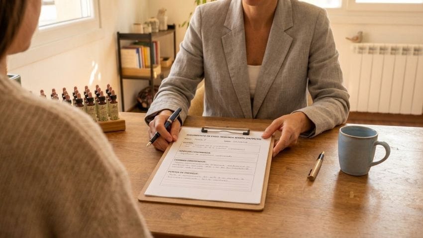 Terapeuta en consulta revisando una ficha de seguimiento durante una entrevista de Flores de Bach