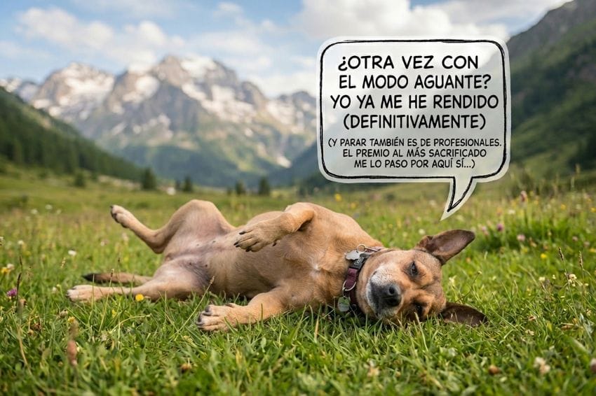 Perra color canela, Lua, tumbada en la hierba despatarrada y completamente relajada, con un bocadillo de texto que dice: ¿Otra vez con el modo aguante? Yo ya me he rendido (definitivamente).