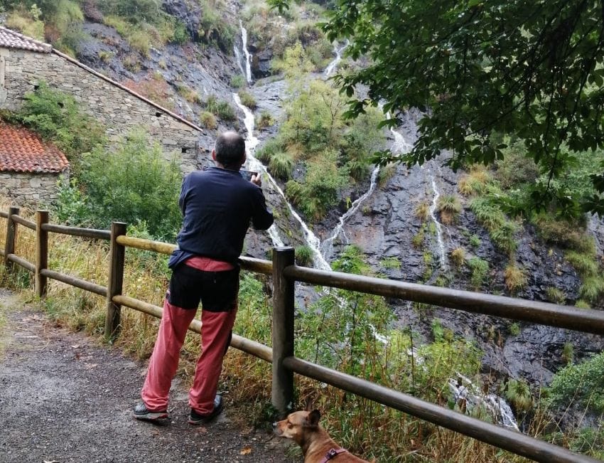 Persona y la perra Lua paradas junto a una barandilla de madera contemplando una cascada en la montaña, simbolizando el permiso para parar y la calma.