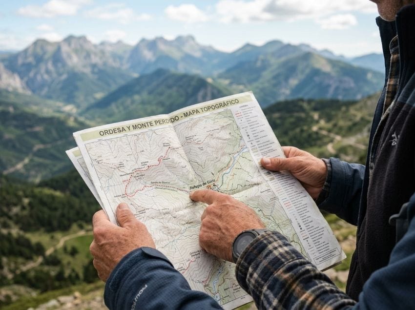Manos sosteniendo un mapa de montaña representando los patrones de autoexigencia y el piloto automático.