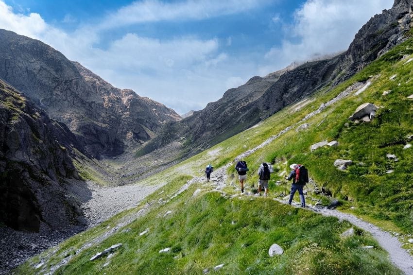Grupo de personas caminando por un sendero, simbolizando el camino del autocuidado y la pausa mental.