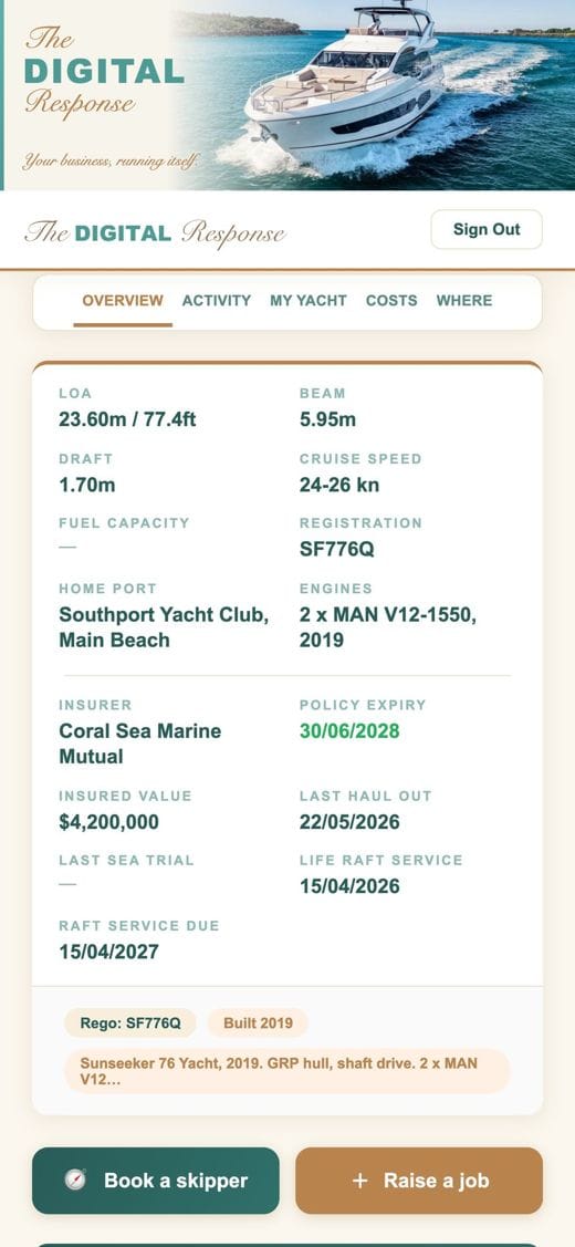 The client app: vessel hero photo, details and Raise a job button, shown in The Digital Response colours