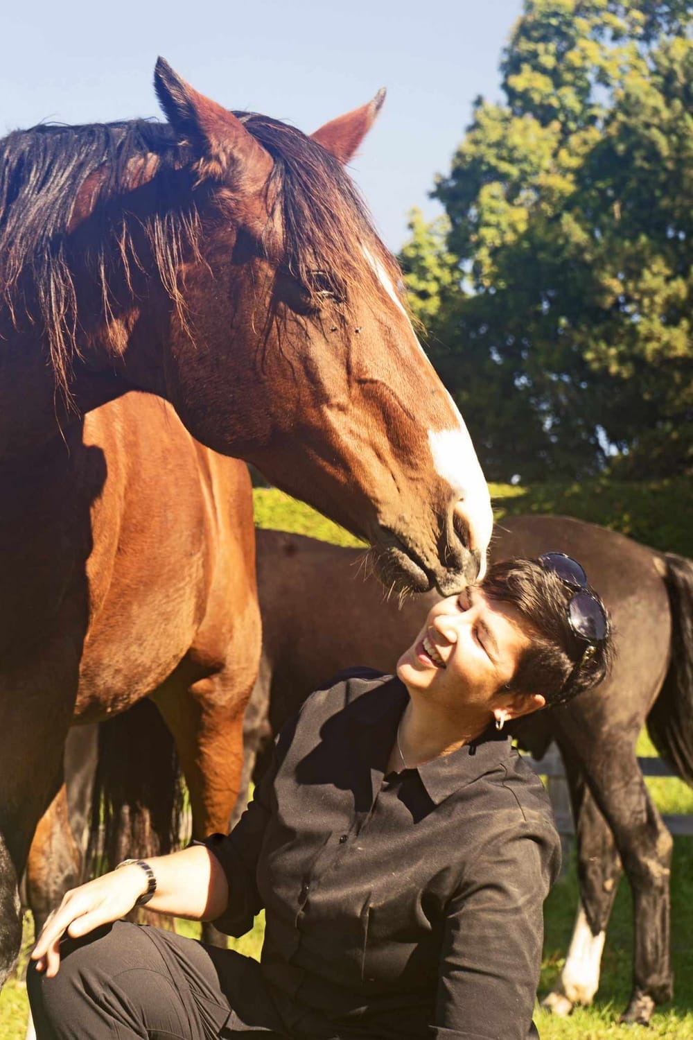 Monica Gilkes, Certified FEEL Practitioner, standing with her hand over her heart while a horse gently nuzzles her during a session at Spirited Hooves