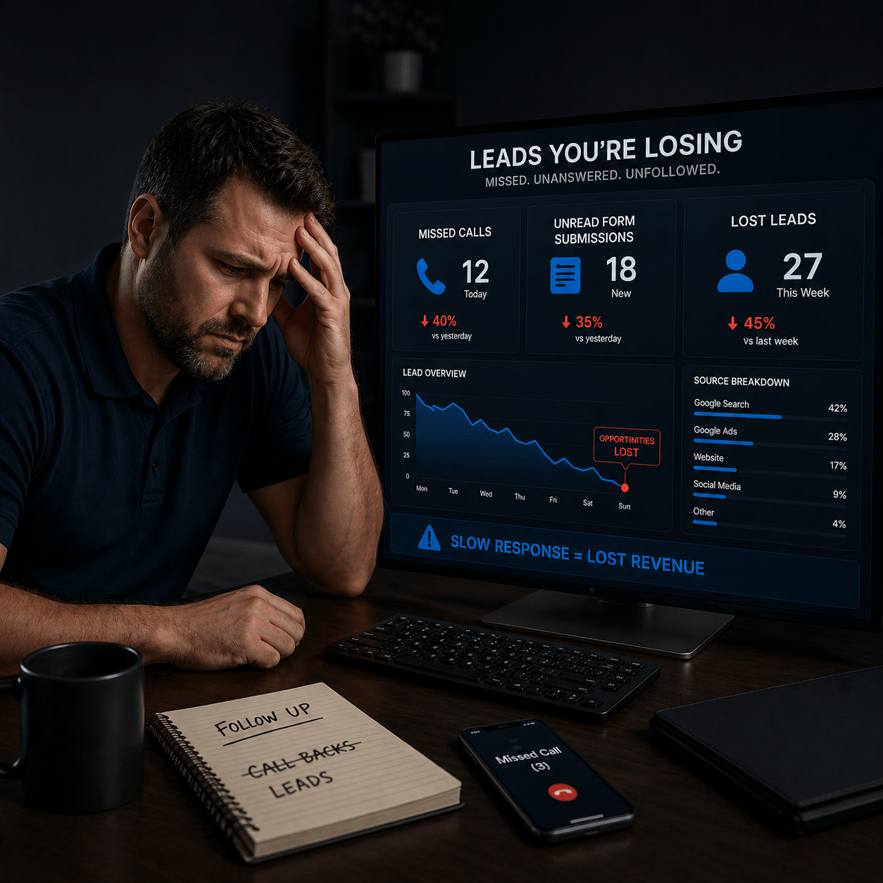 An image depicting a home service business owner who is upset about leads that he's losing due to bad marketing results for his business.