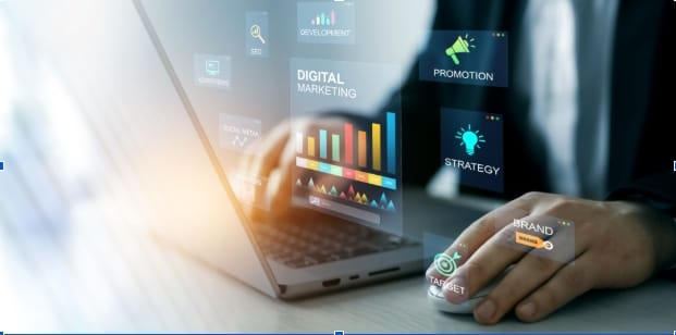 An image showing a laptop and it has small transparent images depicting different aspects of digital marketing such as strategy, brand, promotion, target, search, and so on.