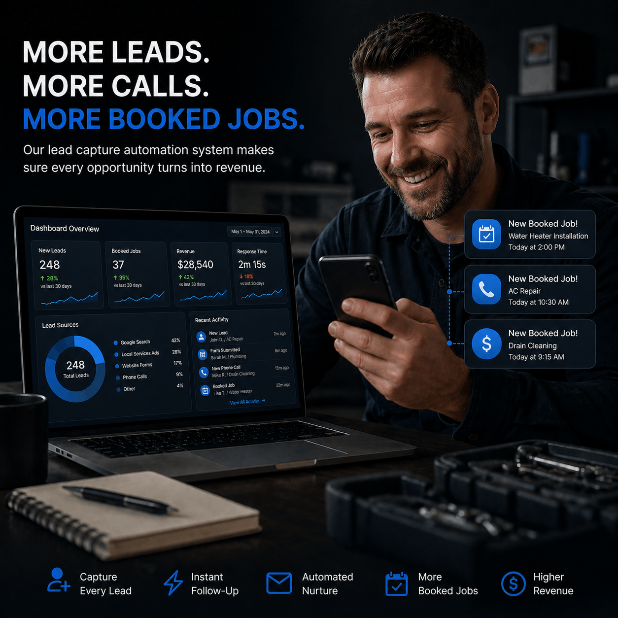 An image of a happy home service business man who has received great results from his marketing. There is also a laptop open showing his business dashboard with great results on the screen.