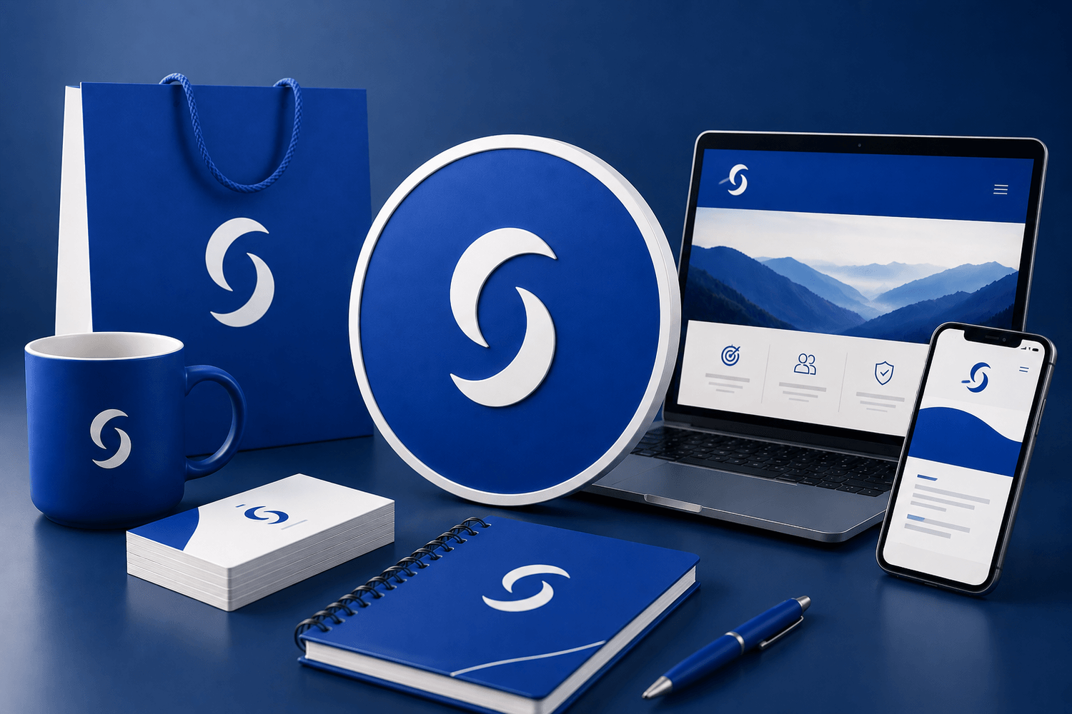 This image is showing how a company should keep thier branding consistant with the same colors and logos across all digital assets. Websites, social media accounts, and products they have such as coffee mugs pens, and stationary