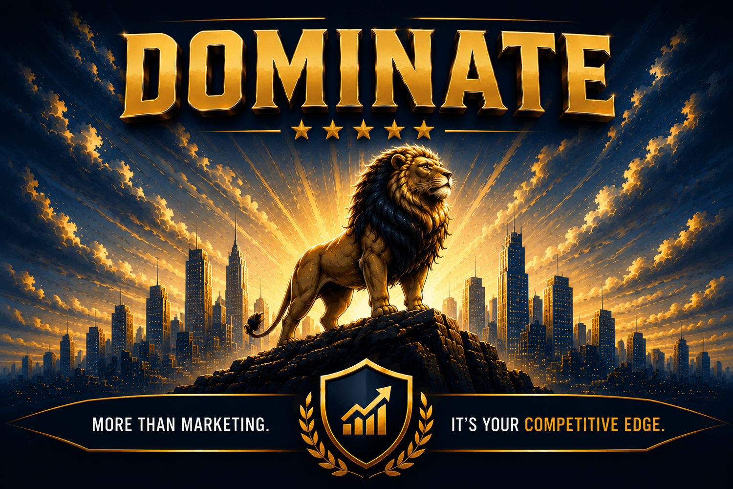 An image of a lion on top of a ridge showing domination over the competition. The image has the word Dominate across the top left side and under that it shows a bar style graph with all the different marketing services leading up to domination.