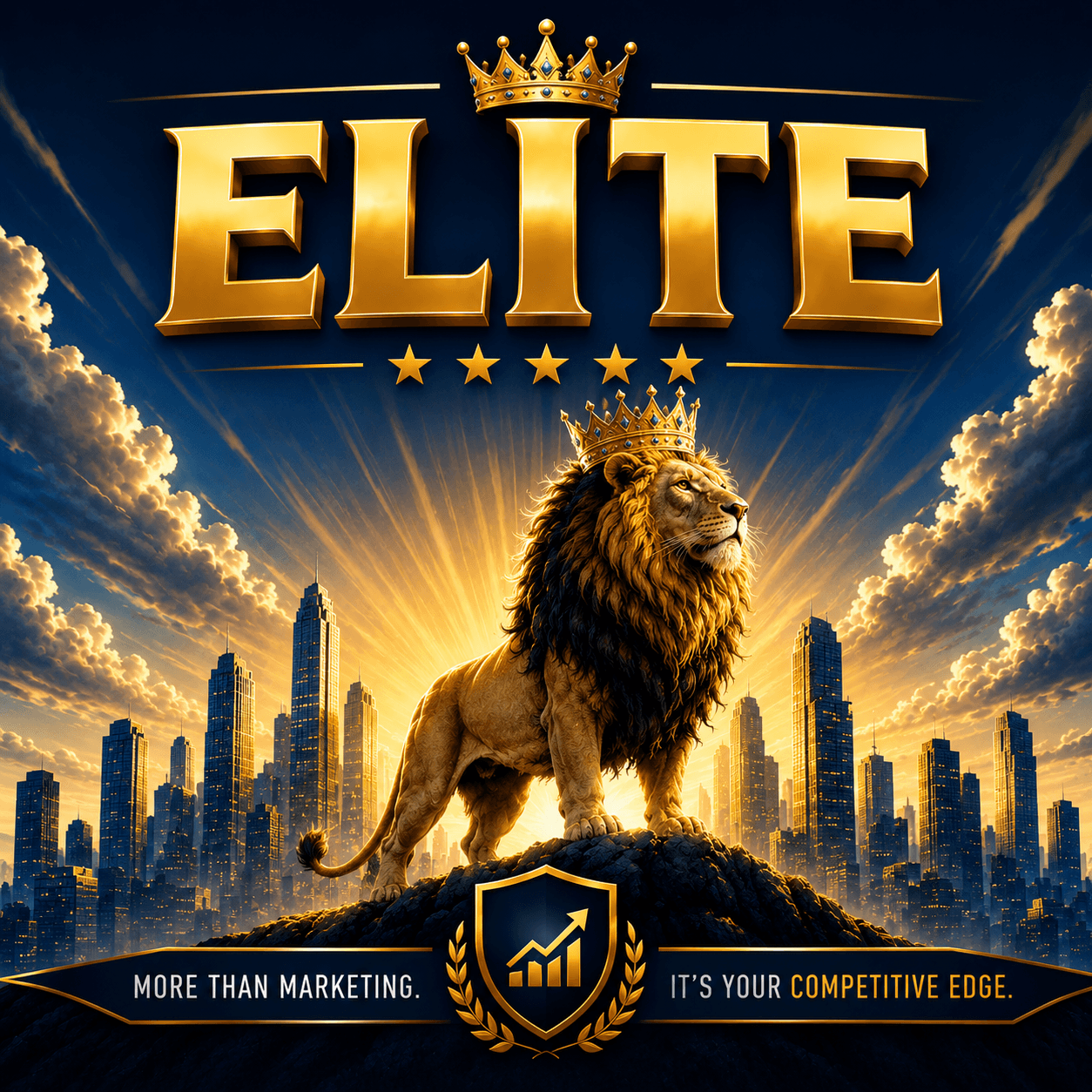 This is an image of a lion wearing a crown, standing tall and proud atop a cliff overlooking a city. You can see a sunrise behind the city skyline. This image represents our Elite package.