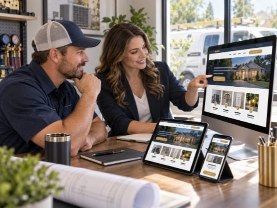  Home service business owner reviewing a responsive website design with a web strategist.