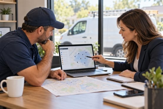 Home service owner and strategist planning actual service coverage on a map.