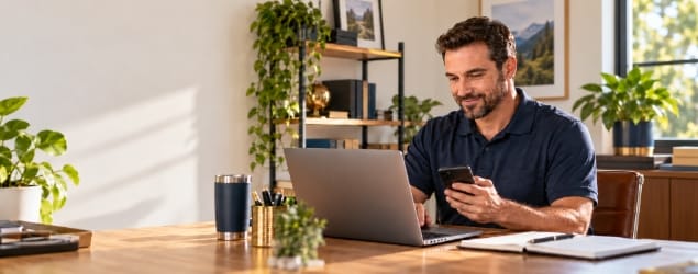 Home service business owner reviewing customer communications.
