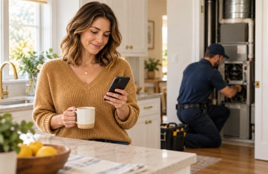 Customer reminder: Homeowner reviewing a phone while an HVAC technician works nearby.
