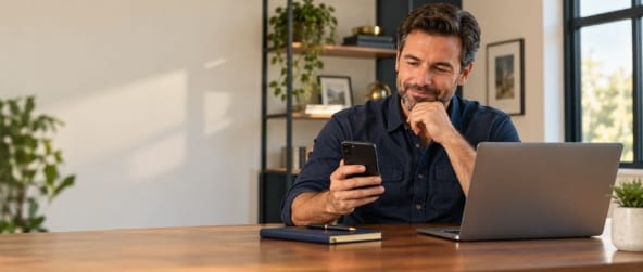 Home service business owner reviewing customer feedback in an office.