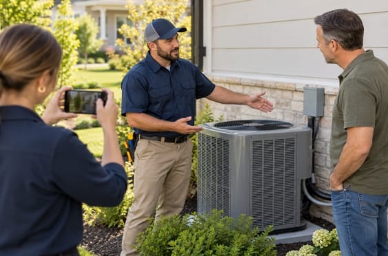 After Content drawn from real work. Alt: Home service technician and colleague documenting an HVAC service visit for marketing content.