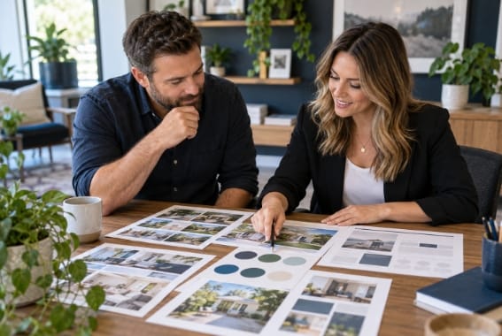 After Email and SMS marketing. Alt: Business owner and marketing strategist reviewing printed brand and content ideas.