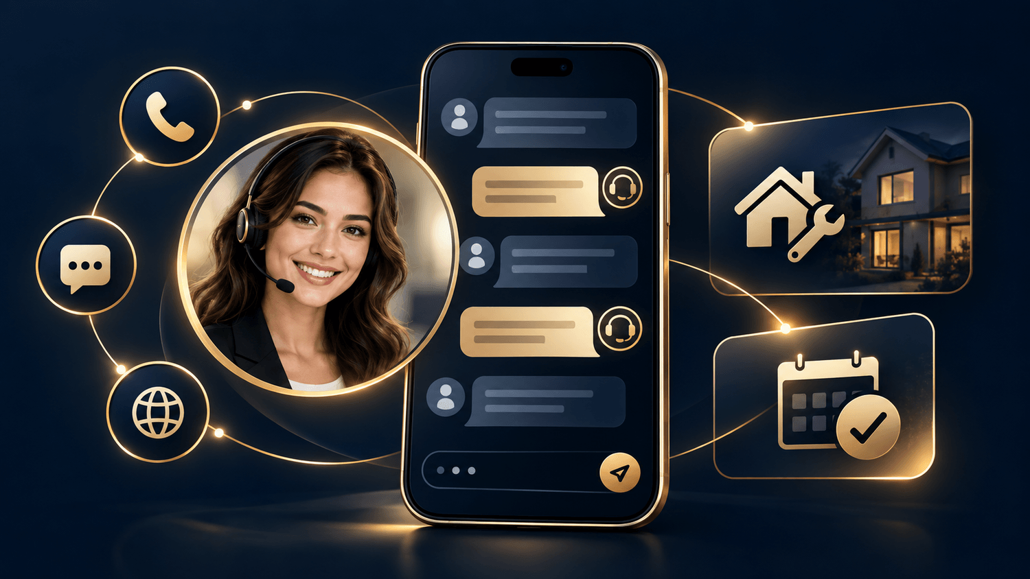 Illustration of an AI receptionist beside phone, chat, home service, and appointment symbols.