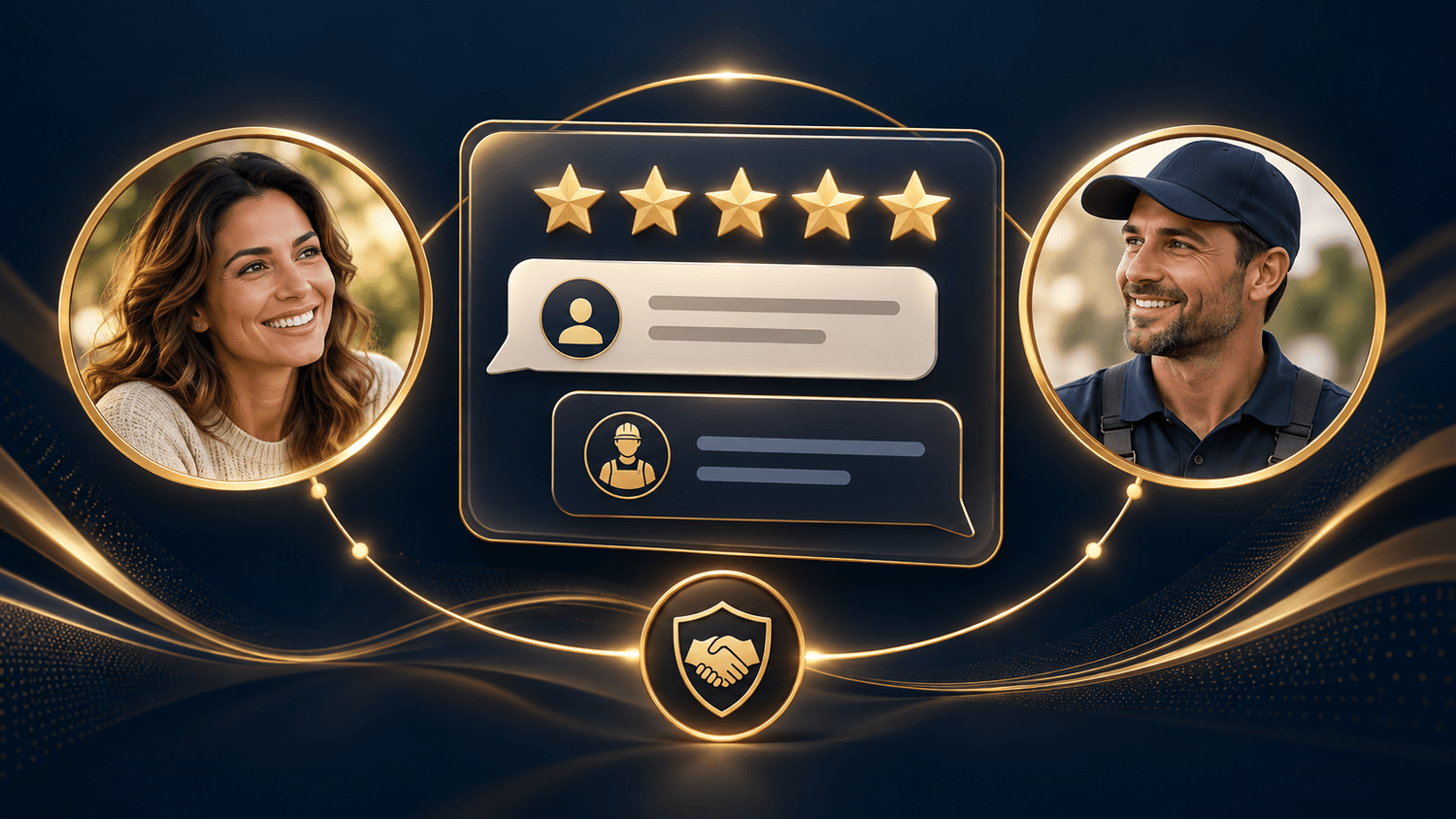  Illustration of a homeowner review and a home service professional response beside five stars.