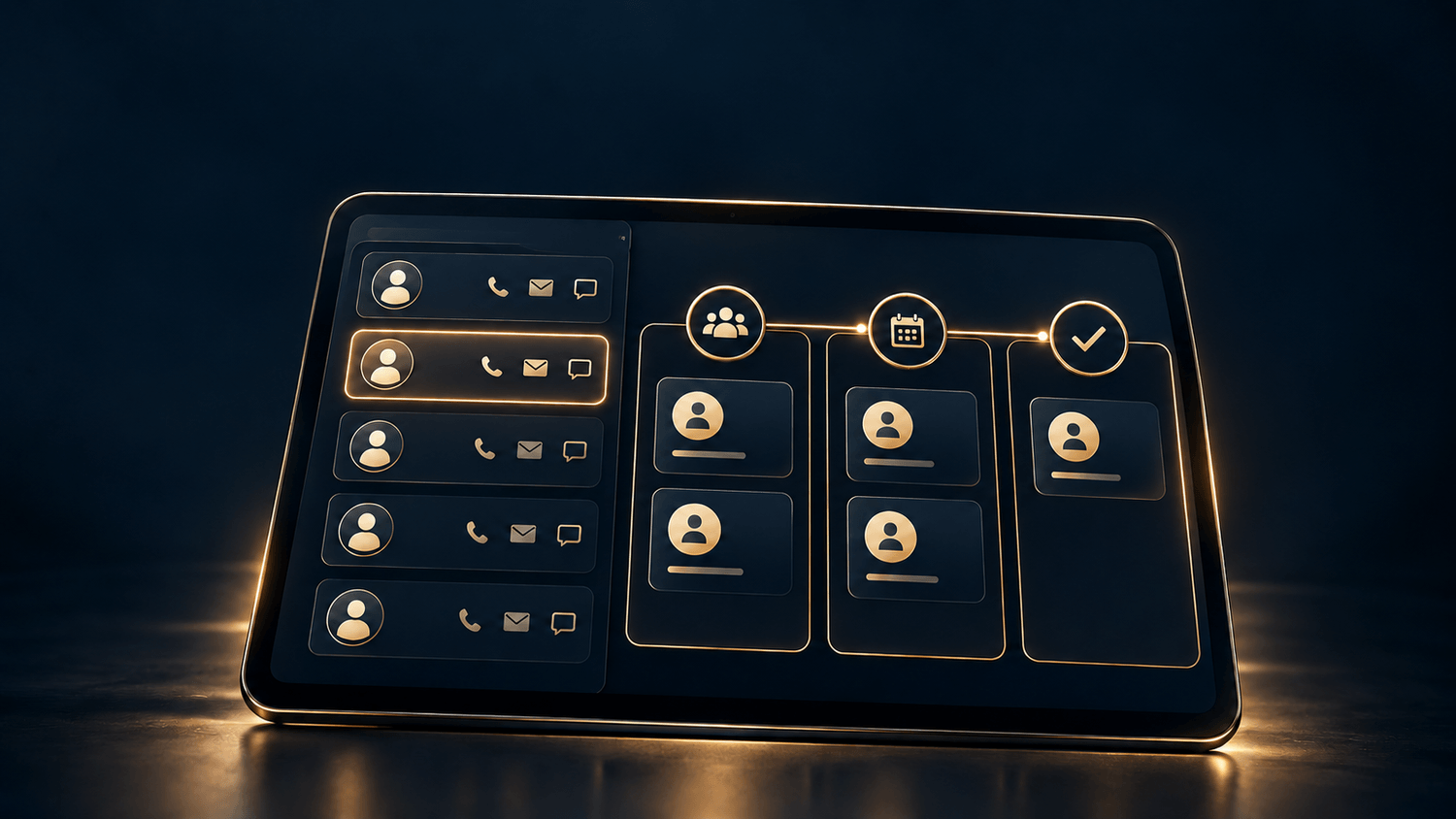 Navy-and-gold tablet illustration showing CRM contacts, communication tools, and a three-stage sales pipeline.