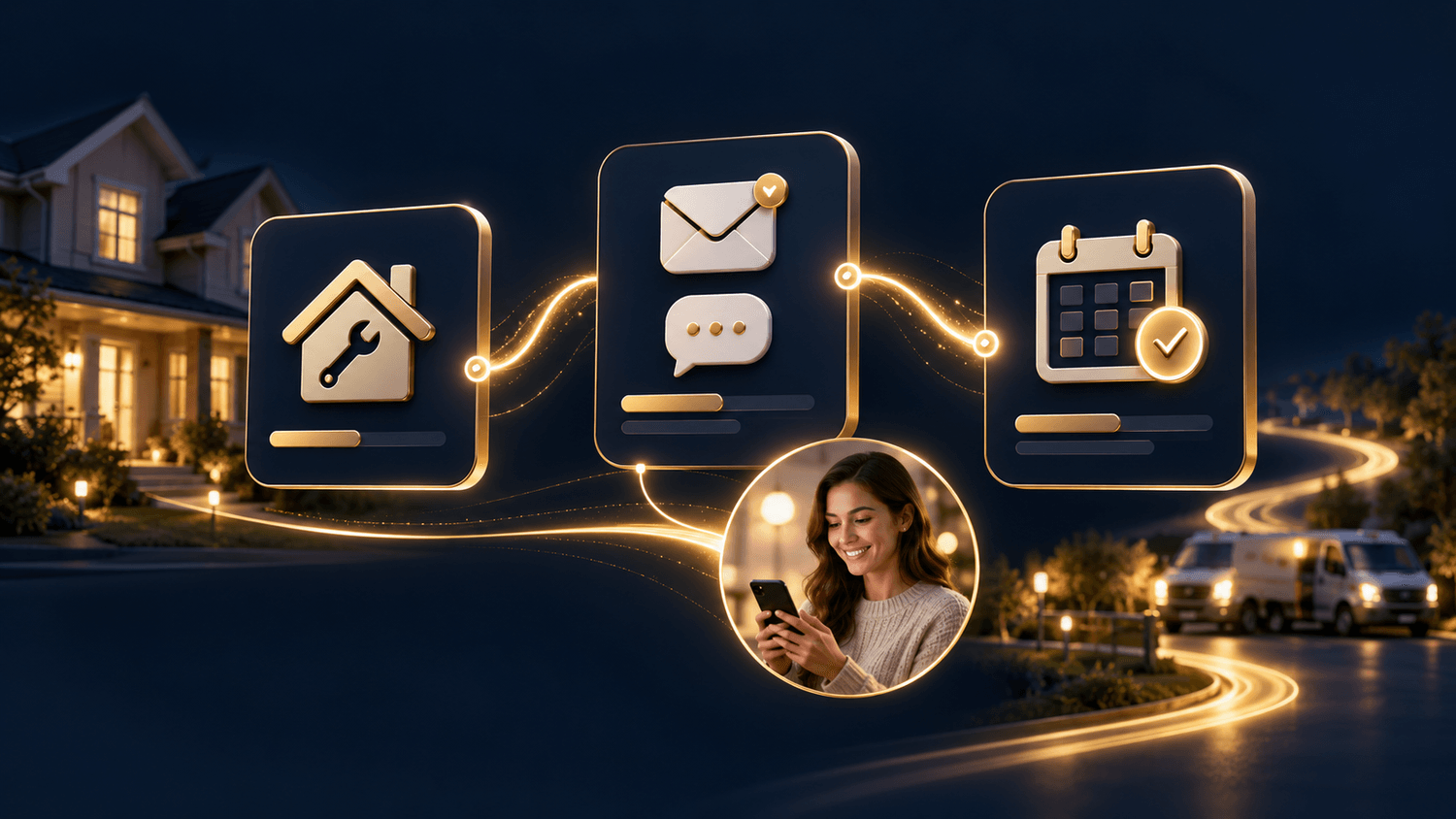  Illustration of a home service inquiry moving through email and text follow-up to a booked appointment.