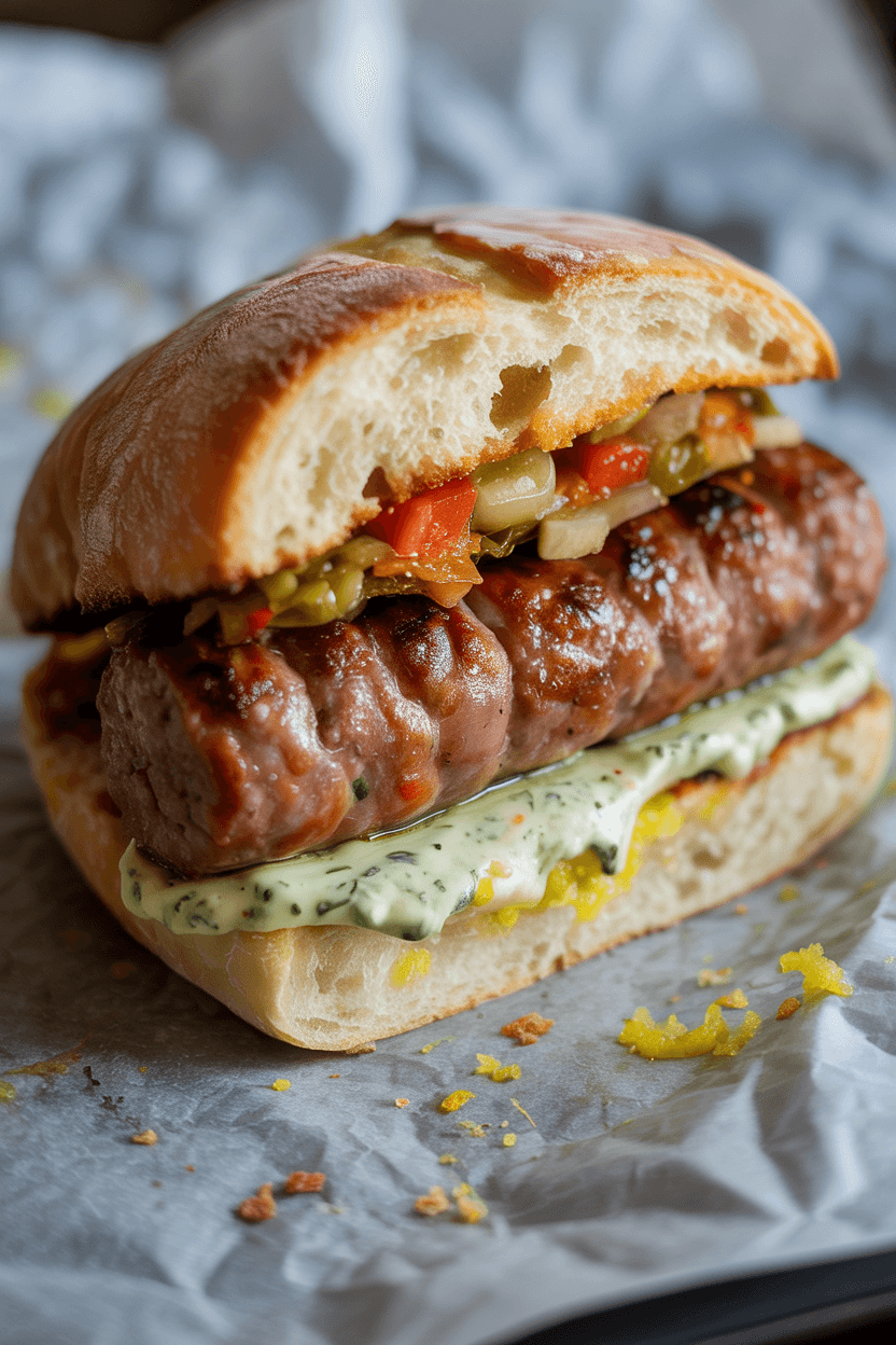 Italian Sausage Sandwiches w_ Giardiniera & Basil Aioli