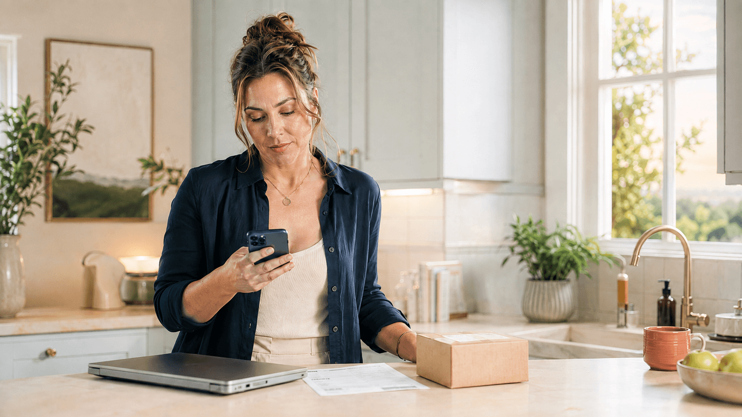 Woman looking at an overdue bill beside her phone and unfinished money notes