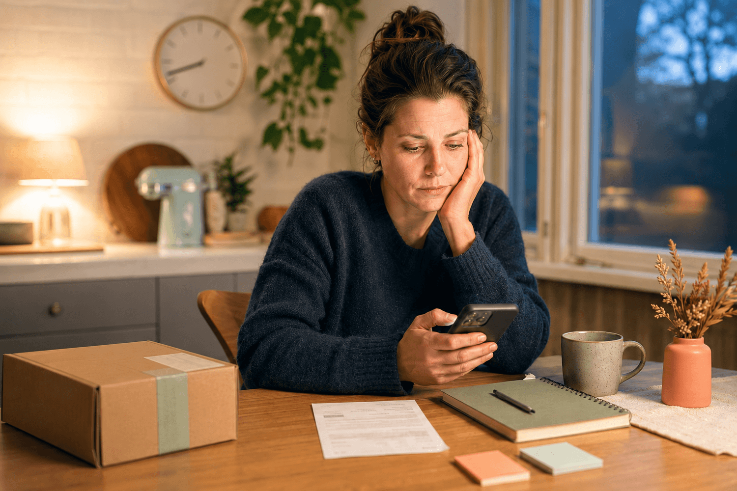 Late-diagnosed woman with ADHD sitting at a kitchen table with a bill notification and scattered money reminders