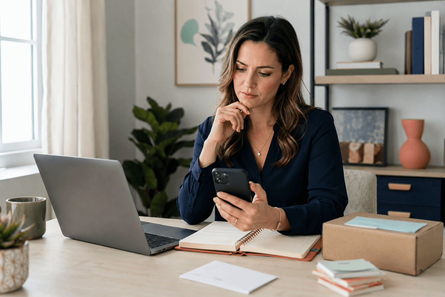 Capable woman with ADHD surrounded by small unfinished financial tasks