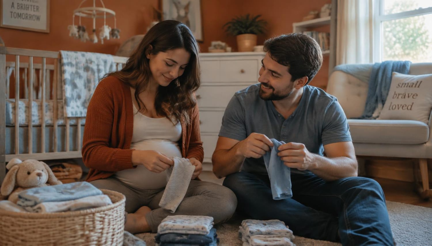Des futurs parents préparant les affaires de leur bébé