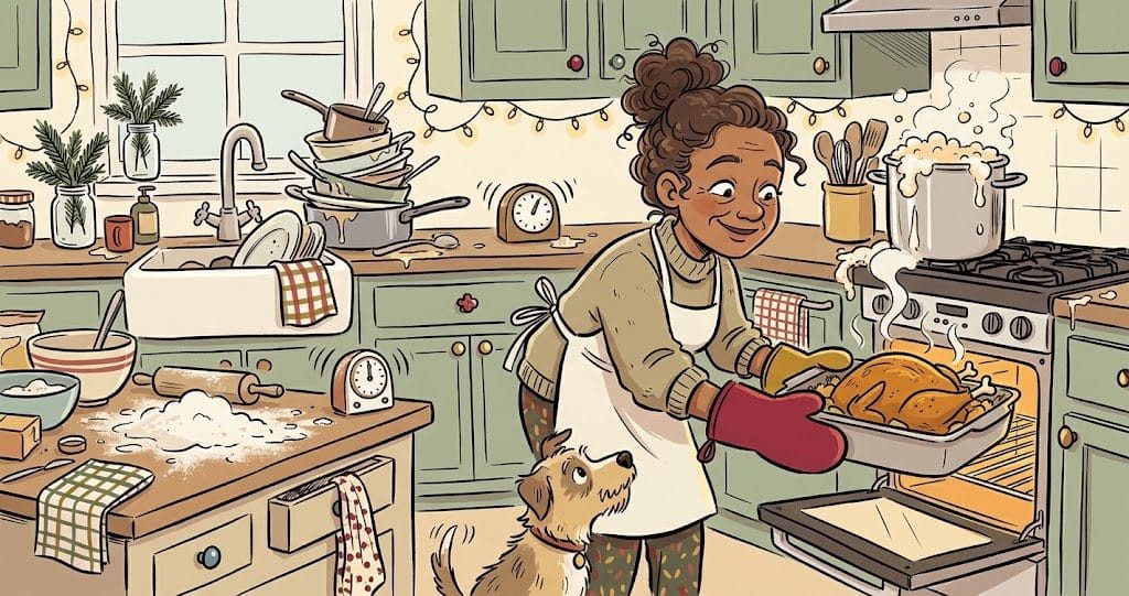 Illustration of a smiling woman pulling a roast out of the oven in a busy holiday kitchen while her dog watches