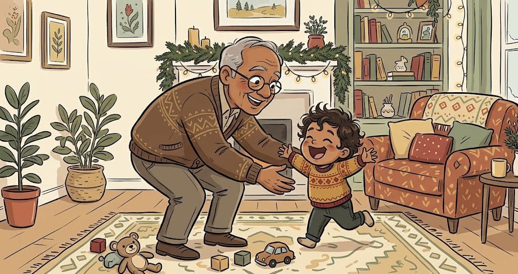Illustration of a grandfather bending down to scoop up his laughing grandchild in a cozy living room