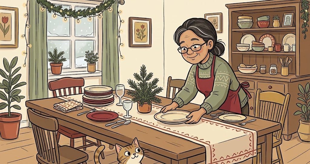 Illustration of a woman leaning across the dining table to set out plates for a holiday meal