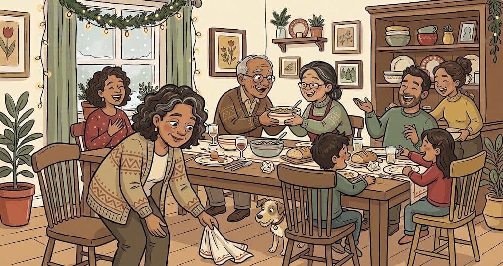 Illustration of a family laughing around a holiday dinner table as a woman bends to pick up a dropped napkin