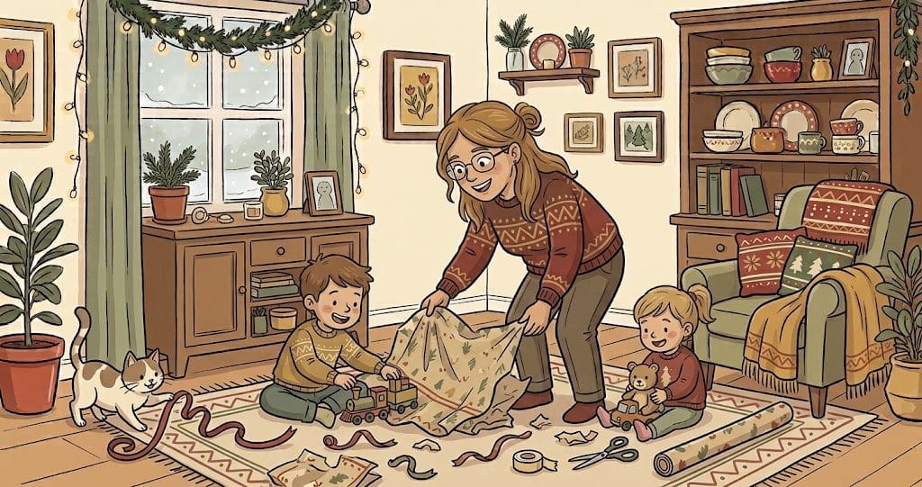 Illustration of a mom bending to gather wrapping paper from the living-room floor while her kids play with their new toys