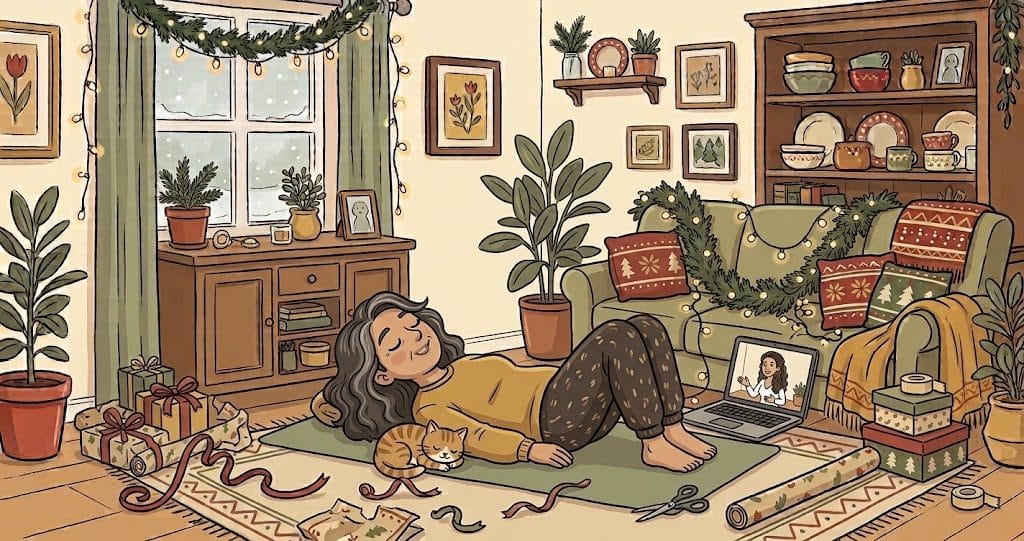 Illustration of a woman resting peacefully on a mat in her living room during a live Feldenkrais class on her laptop, while the holiday wrapping waits