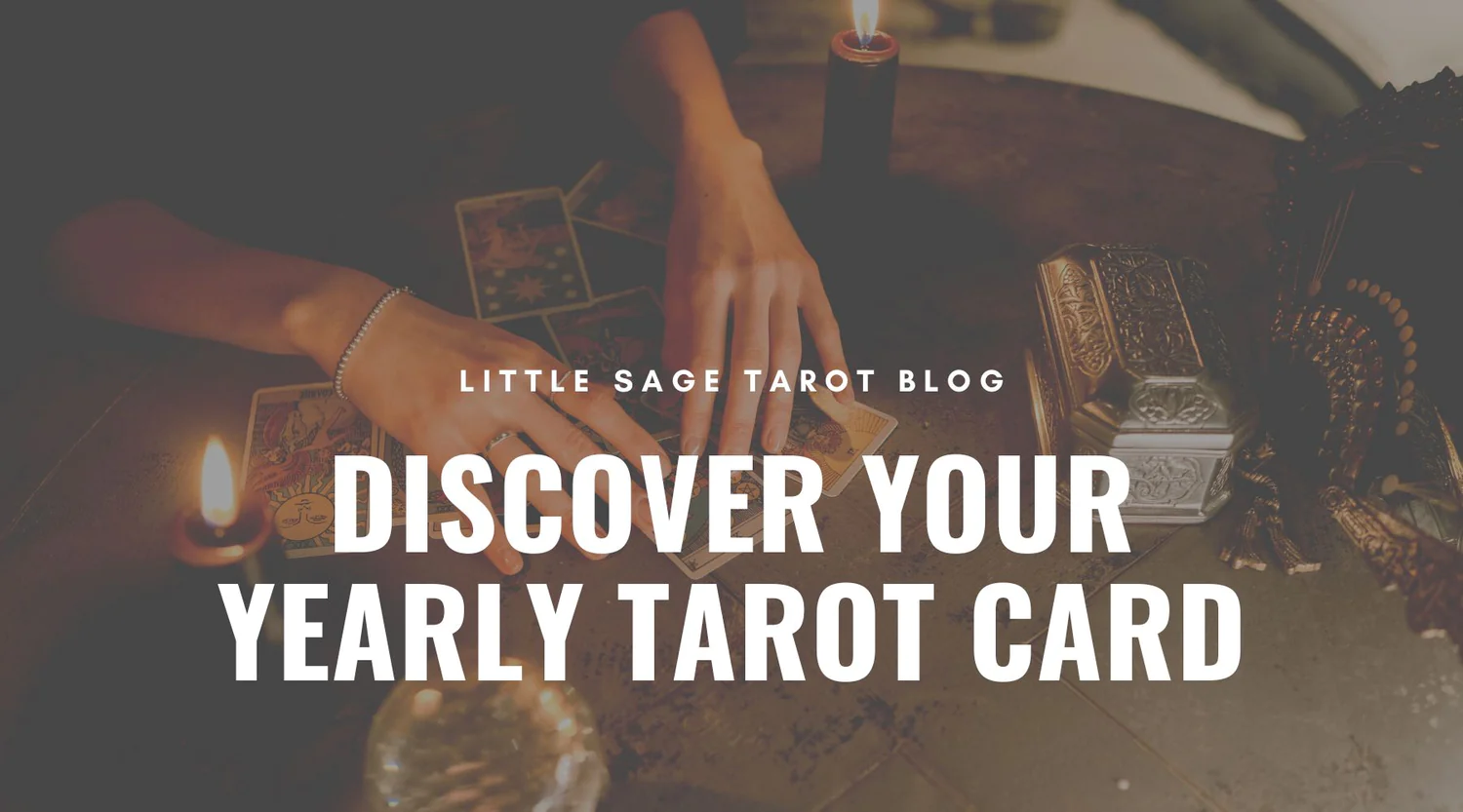 Graphic showing a person discovering their yearly Tarot card with a mystical background