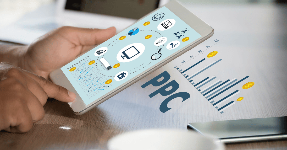 A visual representation of PPC advertising, showing a person using a tablet to analyze data and manage campaigns, with icons symbolizing key elements like cost, conversions, and targeting.