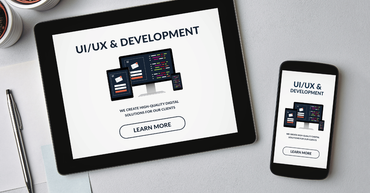An image showcasing responsive web design, with a tablet and smartphone displaying the same website landing page for UI/UX & Development services.