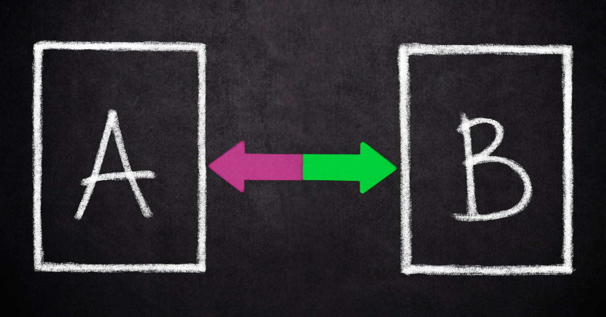A visual representation of A/B testing methodology, featuring two boxes labeled "A" and "B" with arrows symbolizing the comparison of two variations.
