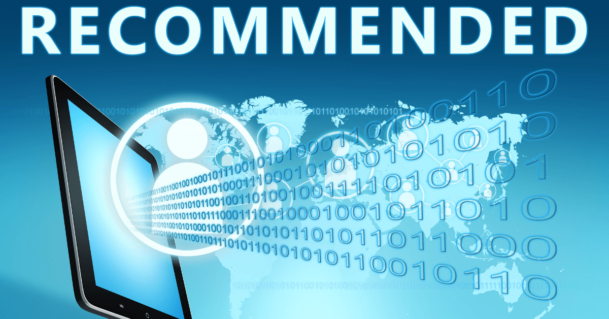 A digital representation of personalized product recommendations, featuring a tablet screen with a user icon, binary code streams, and the word "RECOMMENDED" emphasizing the role of technology in delivering customized suggestions.