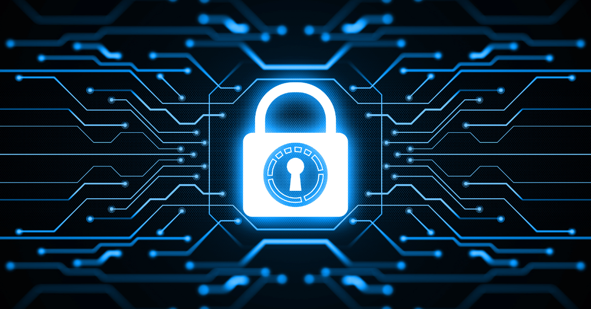 A symbolic representation of data security, featuring a glowing white padlock superimposed on a blue background with circuit board patterns.